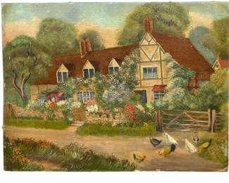 Antique English Cottage Oil Painting Roosters Chickens