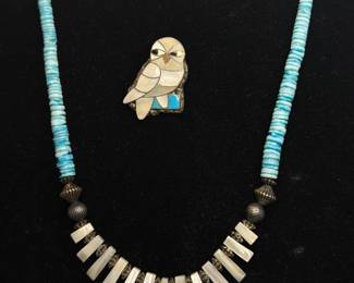 PORFILIO SHEYKA (Zuni, 1938-1982) Inlay Owl Pin & Mother of Pearl Necklace