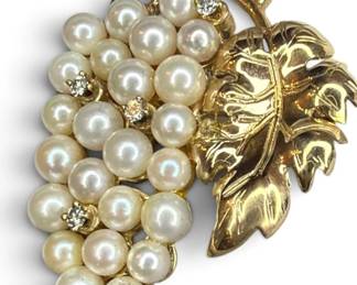 14k Gold, Pearl, & Diamond Grape Cluster Brooch