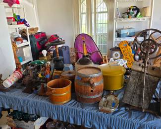 Garage antique firkins, grinders, stoneware