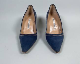 Manolo Blahnik Navy Blue Suede Pumps With Camel Stitching, Size 37