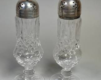 Pair Of Vintage Waterford Crystal Lismore Sugar Shakers With Silver Plate Lids