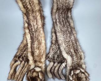 Two Brown And Cream Mink Scarves With Rosettes And Tassels
