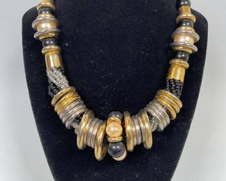 Vintage Black And Gold Bead And Ring Necklace