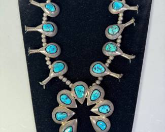Southwestern Silver And Turquoise Squash Blossom Necklace