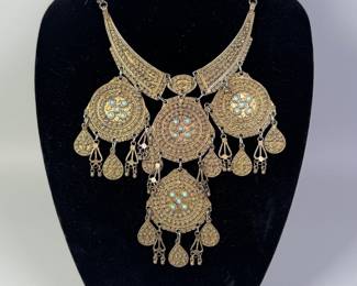 Etruscan Revival Style Gilt Sterling Silver Filigree Bib Necklace, C. 1960s-1980s