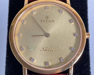 Titan Nebula 18K Gold Analog Studded Indices Leather Strap Men's Watch 