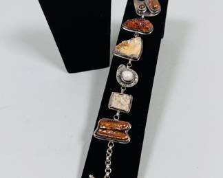 Semiprecious Stone Inset Sterling Silver Link Bracelet And Sterling Silver Clip Earrings (2)