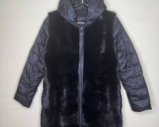 Linda Richards Womens XS Black Mink And Down Puffer-Sleeve Hooded 3/4 Length Coat