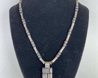 Silver Beaded Necklace With Rectangle Pendant