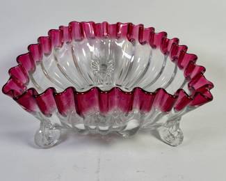 Vintage Mid-Century Style Cranberry Flashing To Clear Serving Bowl