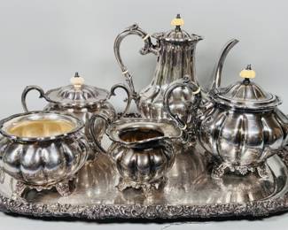 Sheffield "Melon" Pattern Silver Plate 5- Piece Tea Service With Associated Platter