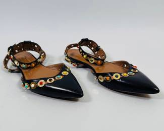 Aquazzura Firenze Byzantine Black Leather Ankle Strap Flat With Multicolor Stone Detail, Size 37