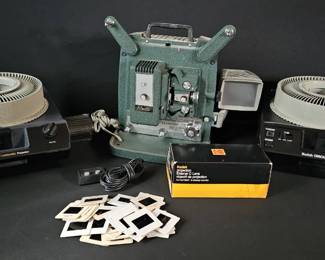 Ultimate Analog Projection Archive Lot Dual Kodak Carousel Projectors, Keystone 98Z, 15 Trays