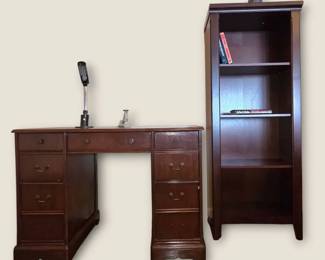 Vintage Dark Stain Desk and Bookshelf Set with Office Accessories