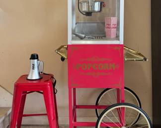 Retro Concession Game Room Set Popcorn Cart, Red Stool Announcer Megaphone