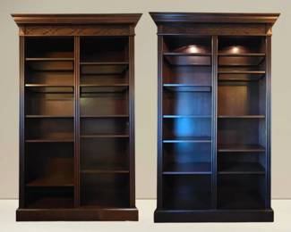 Pair of Grand Traditional Lighted Wooden Bookcases with Fluted Columns