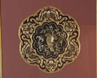 Framed Chinese Silk GoldCouched Thread Embroidered Medallion Roundel...Tuanhua