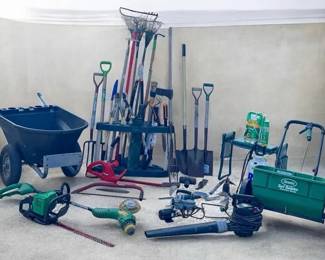 Huge Lawn Garden Maintenance Tool Lot Rubbermaid Cart, Tools, Trimmers Storage