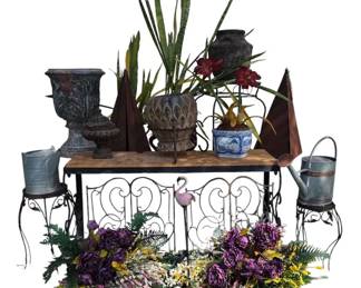 Curated Rustic Garden Decor, Vintage Planters, Wrought Iron Console Plant Stands