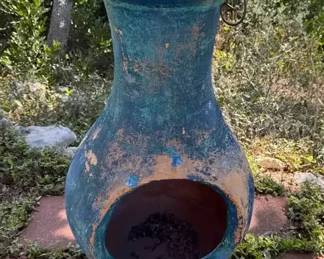 Mexican Terracotta Chiminea with Distressed Aqua Finish