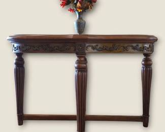 Vintage French Provincial Wood Console Table with Champlev Enamel Brass Vase