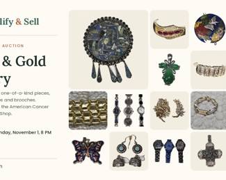 Silver and gold jewelry charity auction benefiting the American Cancer Society Discovery Shop: sterling silver and 10K, 14K and 18K gold jewelry, watches and brooches.