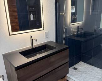 Bathroom cabinet and two lighted mirrors