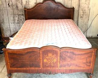 Lammerts Wooden Bed Frame with Carved Wood, and Inlay Detail