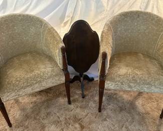 Mahogany and Crushed Velvet Barrel Chairs 2 Side Table