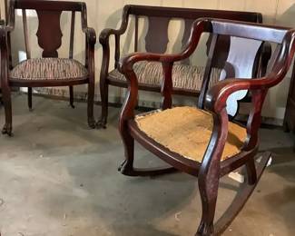 Georgian Revival Mahogany Settee, Rocker, and Chair