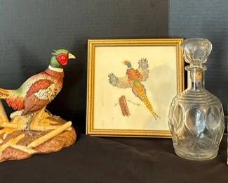 Pheasant Decanter, Needlepoint, Two Glass Decanters