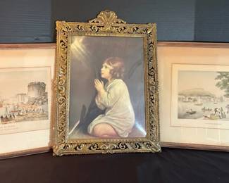 Convex Bubble Glass with Metal Frame The Infant Samuel in Prayer, and French Seascapes