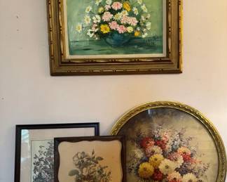 Vintage Floral Framed Art One Original Painting, 3 Prints