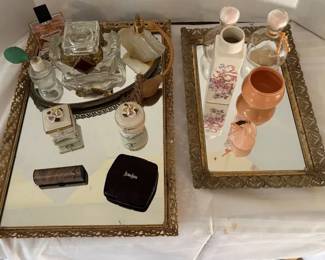 Vintage Gold Tone Metal Vanity Mirrors with Vanity Items