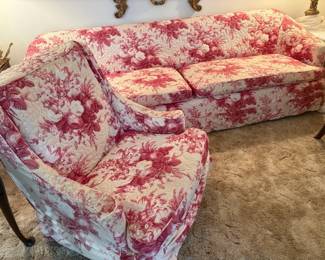 Quilted Toile Slipcovered Sofa and Chair