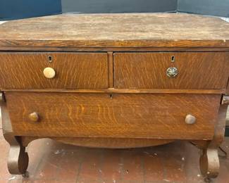 Carved Tiger Oak Lowboy Chest