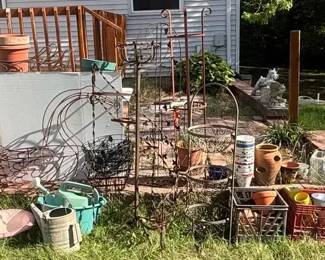 Metal Plant Stands Including 2 Vintage Metal Swans, Pots, Planting Items