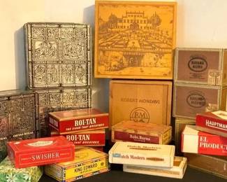 Vintage Cigar Boxes, Wooden Wine Boxes, Metal Chivas Tins