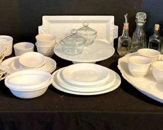 Assortment of Serving Trays, Cake Stands, Corelle Plates and Bowls, and More