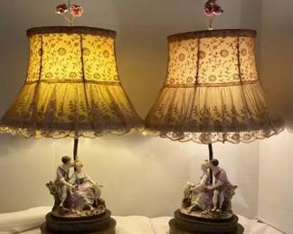 2 Victorian Style Porcelain and Brass Table Lamps