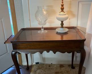 Henkel Harris Mahogany Tea Table, Milk Glass Lamp, Crystal Rogaska Gallia Hurricane Lamp