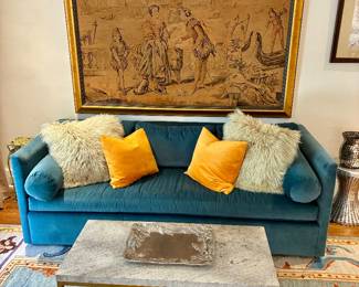 Turquoise down velvet sofa by Highland House