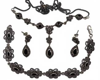 Sterling Silver Marcasite & Onyx Jewelry Set 925