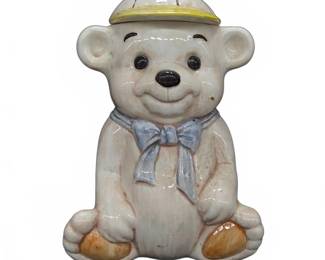 Ceramic Bear Cookie Jar with Cap & Blue Bow