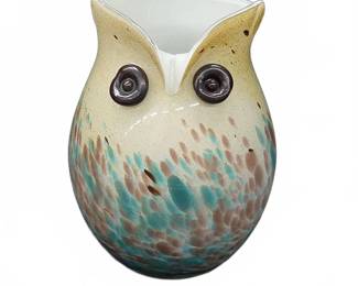 Owl-Shaped Art Glass Vase Tan Blue Brown Speckled