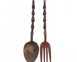 Large Hand-Carved Wood Utensils W/Figural Handles