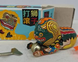 Chinese Tin Wind-Up Lion Dance Toy With Box & Key