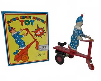 Clown Riding Scooter Wind-Up Tin Toy with Box