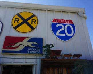 vintage Greyhound bus sign, RR Crossing sign